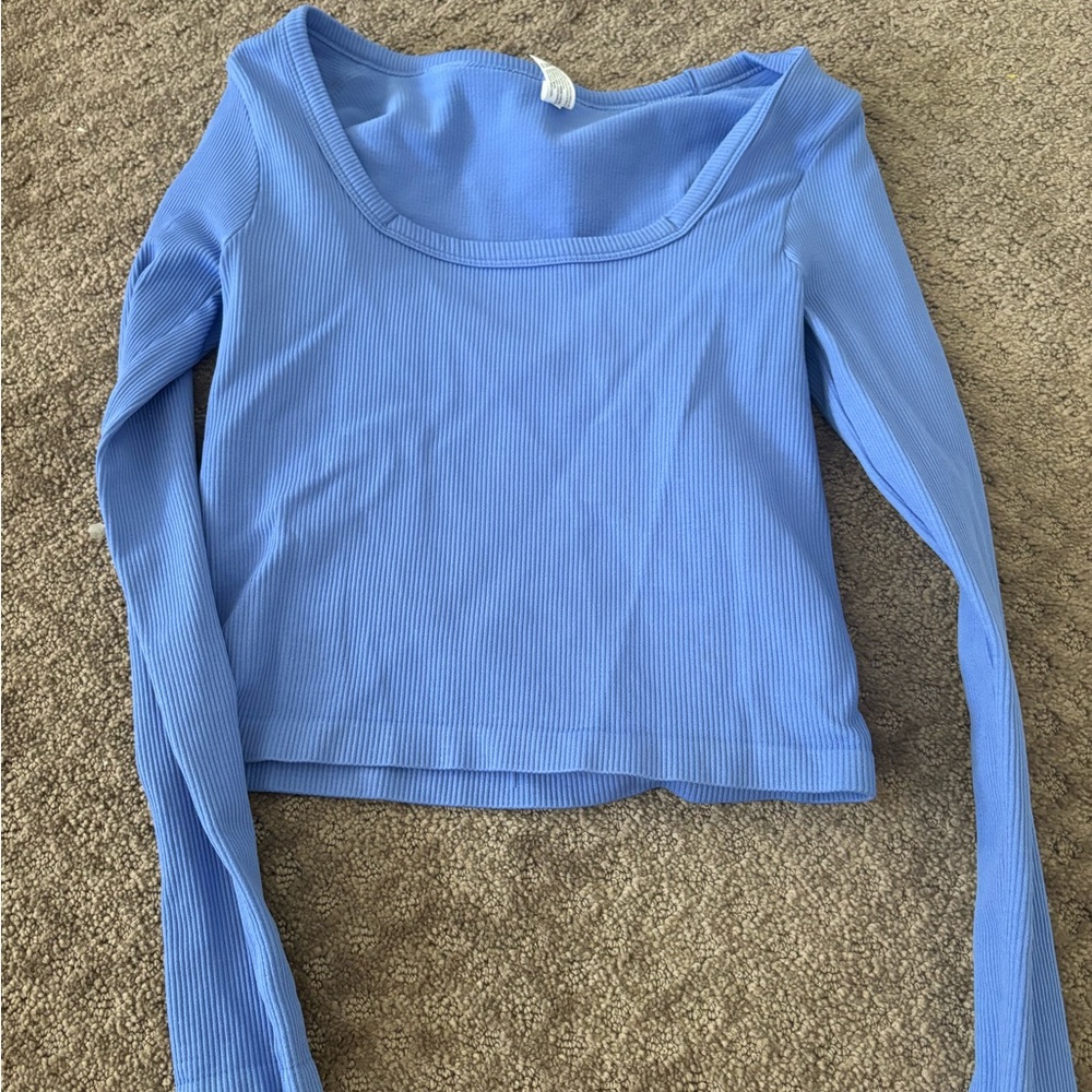 90 Degree By Reflex Vibrant Sky Blue Fitted Crop Blouse with Wide Scoop Neck